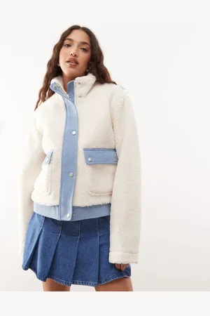 Noisy May Sherpa bomber jacket with denim insert in cream