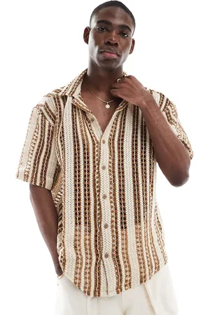 Only & Sons Crochet shirt in beige with brown stripe