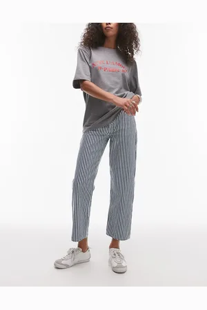 Topshop Stripe cropped mid rise straight leg trouser in