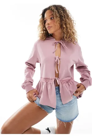 Miss Selfridge Lace trim tie front oversized hoodie in light
