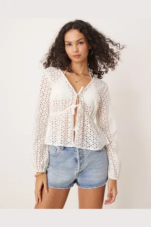JDY Tie front broderie detail top in