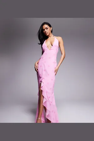 Murci Exclusive halterneck deep plunge ruffle high low hem maxi dress in polka dot