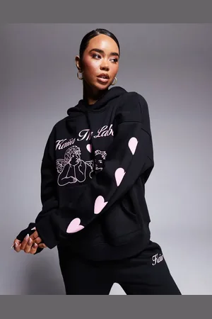 Kaiia Angel logo puff heart sleeve detail oversized hoodie co-ord in and pink