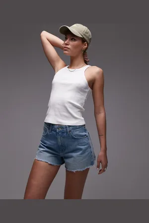 Topshop Denim A-line mom shorts with rip in bleach