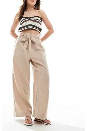 ONLY Tie waist wide leg trousers in beige