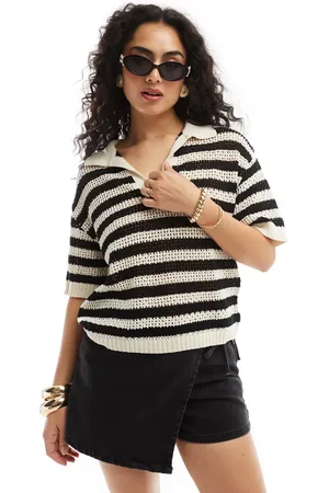 JDY Open knit polo top in and white stripe