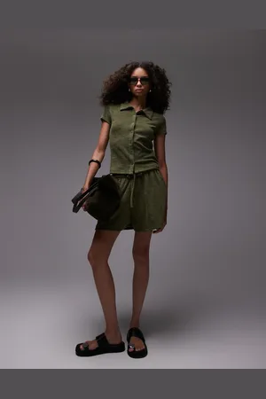 Topshop Towelling drawcord shorts in khaki