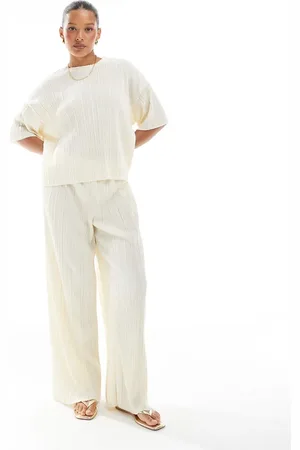 ONLY Plisse wide leg trousers co-ord in buttermilk