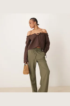 JDY Wide leg linen trouser in khaki
