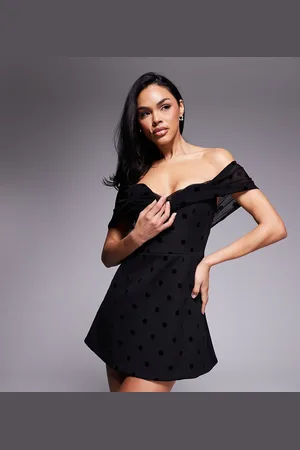 Murci Exclusive polka dot mesh bardot plunge neck mini dress in