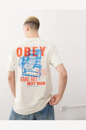 Obey T-shirt with printing press make art back print in cream