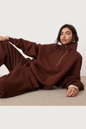 ASOS Premium heavy weight half zip oversized sweatshirt in chocolate