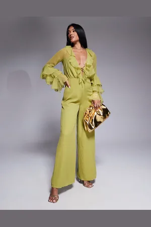 ASOS Long sleeve ruffle jumpsuit with tie detail in olive