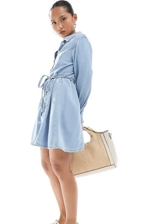 JDY Tie waist denim mini dress in light wash