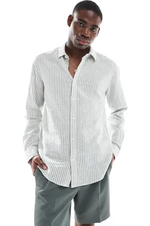 Only & Sons Linen mix long sleeve shirt in sage stripe
