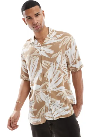 JACK & JONES Revere collar tropical print short sleeve shirt in beige