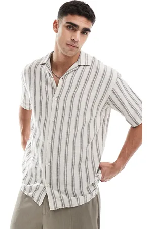 JACK & JONES Revere collar textured stripe short sleeve shirt in cream