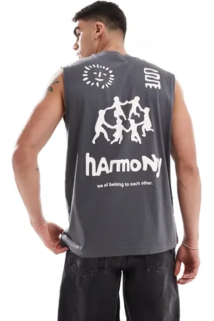 Only & Sons Oversize vest with harmony back print in charcoal