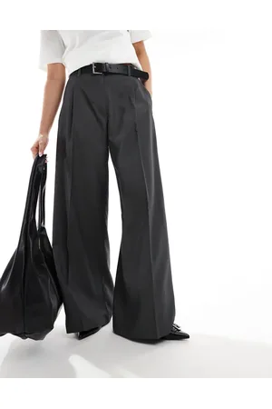 Monki High waist wide leg tailored trousers in dark melange