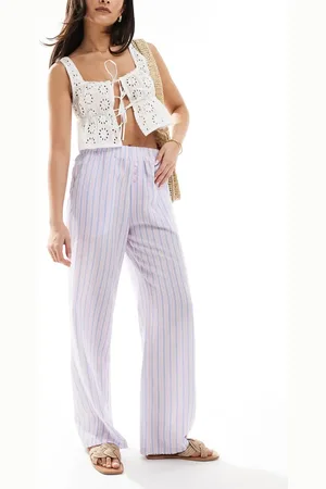 The Frolic Exclusive boxer waistband wide leg textured beach trousers in pink and blue stripe