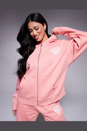 Kaiia Contrast heart logo oversized zip through hoodie co-ord in peach