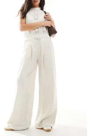 Stradivarius Wide leg crinkle tie waist trouser in stone