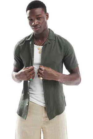 Only & Sons Linen mix revere collar shirt in dark green