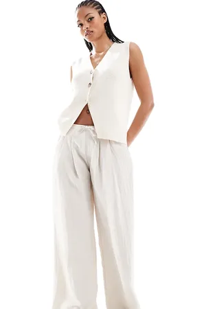 Stradivarius Tall wide leg crinkle tie waist trouser in beige