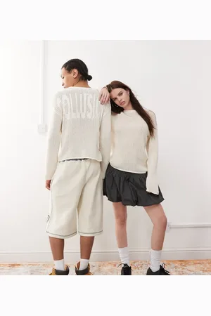 COLLUSION Unisex crotchet branded jumper in pale