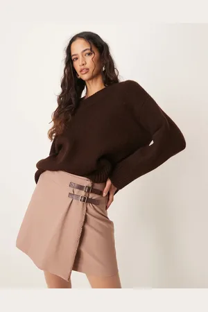 ASOS Tailored double belt wrap raw edge skirt in mocha