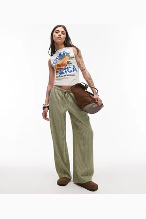Topshop Crinkle stripe tie waist low rise wide leg trouser in