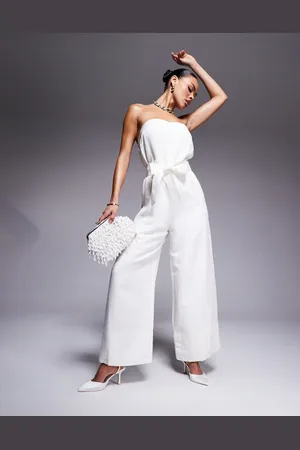 Forever New Tie waist strapless wide leg jumpsuit in porcelain