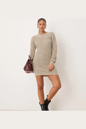 JDY Boat neck knitted mini dress in beige
