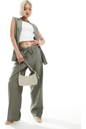 ONLY Straight leg tailored trousers co-ord with string detail in sage grey