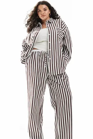 4th & Reckless Cotton wide leg boxer detail tie waist trouser co-ord in brown stripe