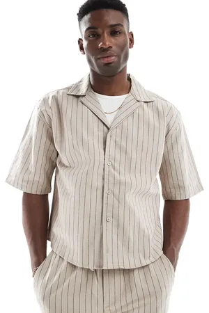 Only & Sons Relaxed fit linen shirt co-ord in beige pinstripe