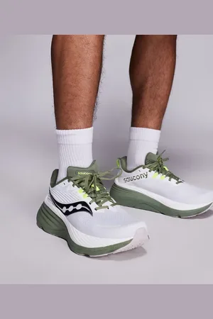 Saucony Hurricane 24 running trainers in white and olivine