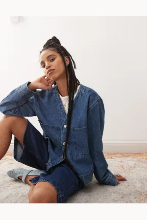 Reclaimed Denim baseball shirt in mid wash