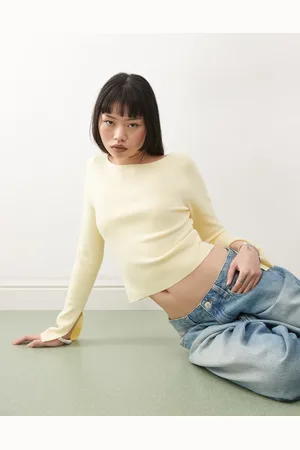 COLLUSION Ribbed slash neck fine gauge jumper in buttermilk yellow
