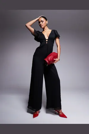 ASOS Flutter sleeve ruched wide leg jumpsuit in