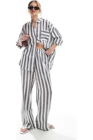 4th & Reckless Linen blend wide leg beach trouser co-ord in grey & white stripe