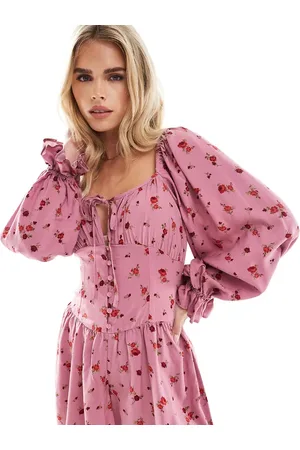 Miss Selfridge Long sleeve playsuit in pink ditsy floral print