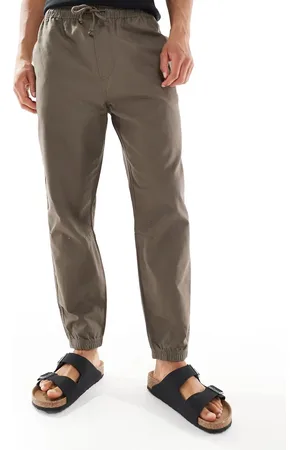 Pull&Bear Cuffed linen look trousers in khaki