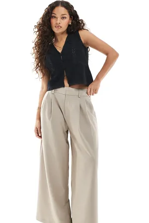 Stradivarius Petite pleated wide leg trousers in taupe