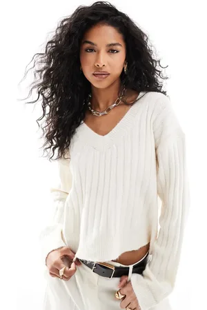 ASOS V neck jumper in rib in cream