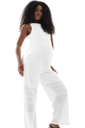 Mama;licious Mamalicious Maternity wide leg jersey broderie jumpsuit in
