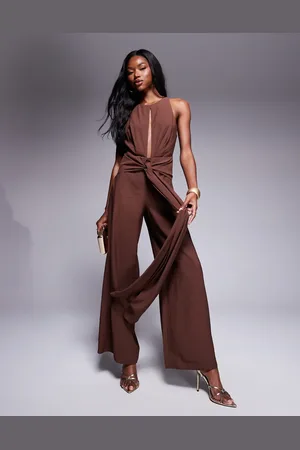 ASOS High neck jumpsuit with tie detail in chocolate