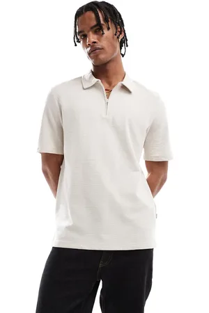 JACK & JONES Textured zip polo in beige