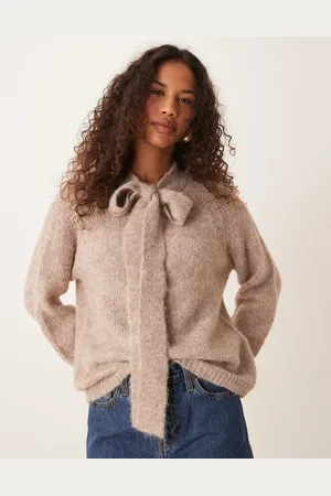 JDY Bow detail knitted jumper in beige melange