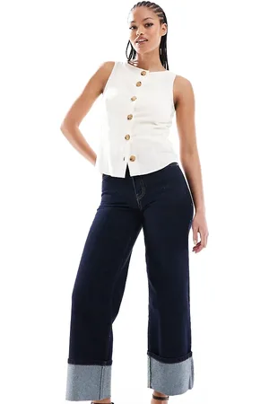 ONLY Cropped wide leg turn up hem jeans in indigo